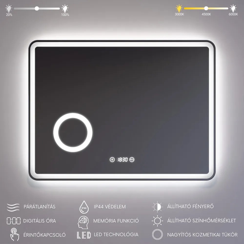 Fürdőszobai LED tükör 80x60cm | Páramentesítő - Kozmetikai tükör - Fényerő + színhőfok állítás - Digitális óra | Welland Luxury-Line G795