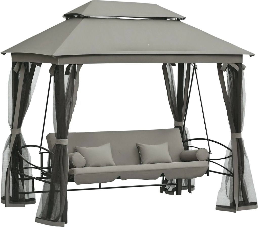 Outsunny 3-Fős Hinta és Egyszemélyes Napozó Kerti Pavilon Fedél Szúnyoghálóval és Párnákkal 256x172x248cm Sötétszürke | Aosom