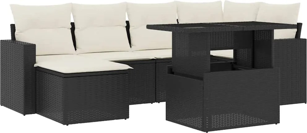 vidaXL 7 részes fekete polyrattan kerti ülőgarnitúra párnával