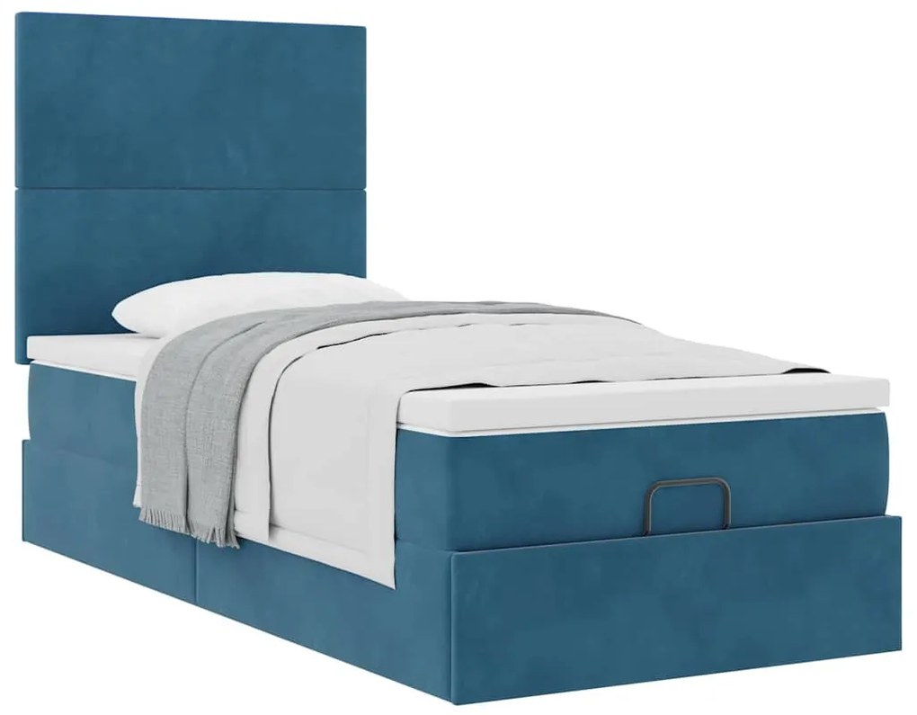 Ottomán ágykeret matracokkal sötétkék 80x200cm bársony