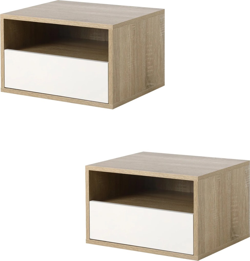 HOMCOM 2 db Függesztett Éjjeli Szekrény Fa Fiókkal és Nyitott Polccal, Modern Dizájn 45x35x27.5cm, Fehér és Fa Szín | Aosom