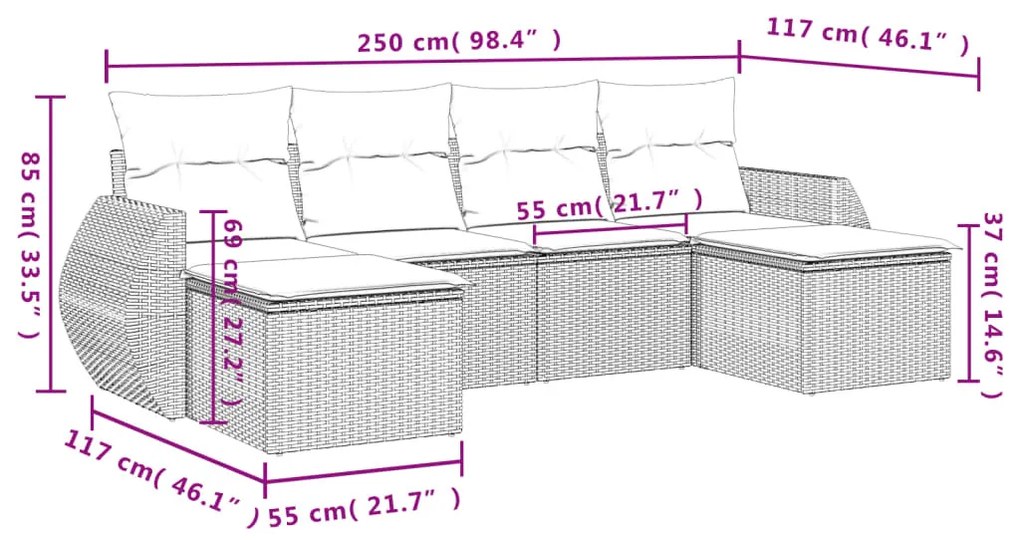 6 részes szürke polyrattan kerti ülőgarnitúra párnákkal