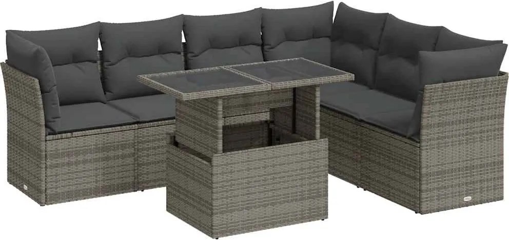 vidaXL 7 részes szürke polyrattan kerti ülőgarnitúra párnákkal