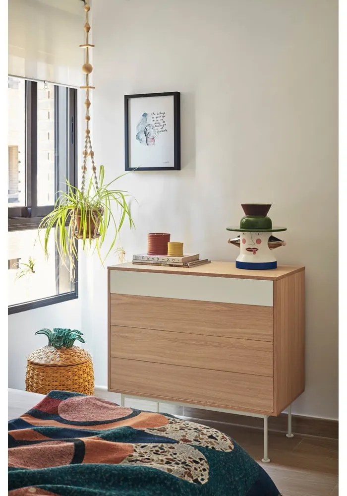 Yoko krémfehér fiókos komód tölgyfa dekorral - Teulat