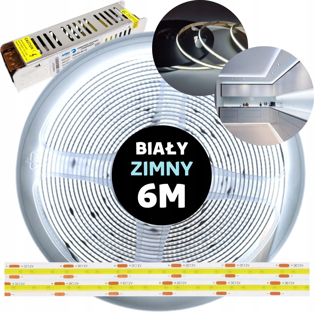 Led szalag Cob folyamatos vonal neon tápegységgel hideg fehér 12V 6M