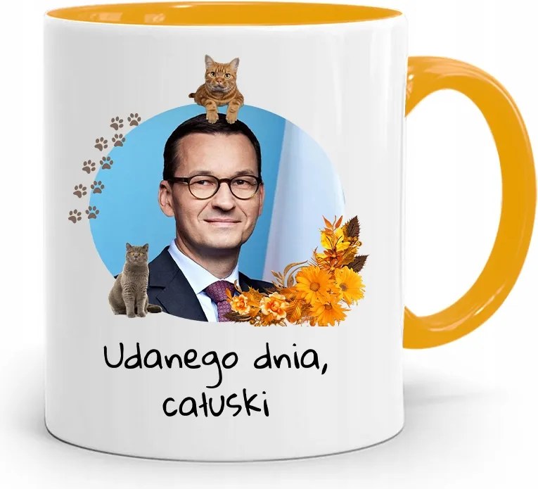Sárga Politikus Bögre Mateusz Morawiecki Miniszterelnök fényképes nyomtatással