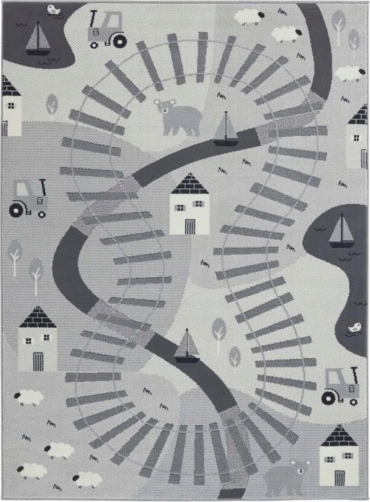 Puha szürke gyerekszőnyeg,vonatpálya 80x150cm