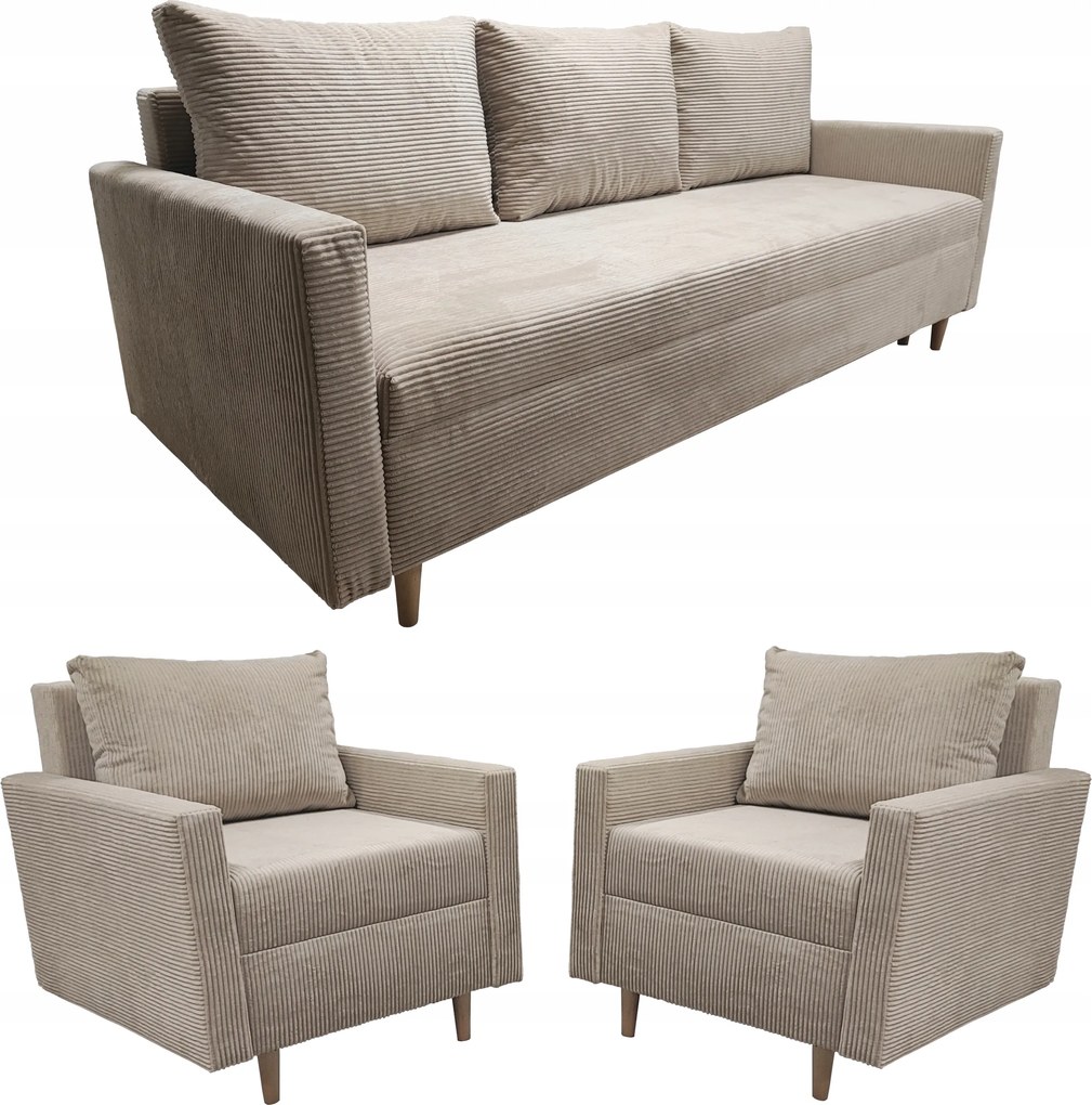 Ülőgarnitúra Összecsukható Kanapé Scandik Bonell Kordbársony Két Fotel
