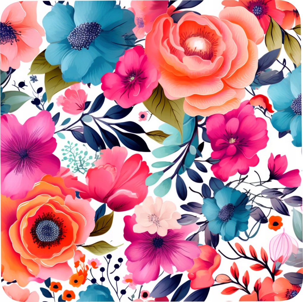 Bögrealátét szett 4 db-os színes nyomtatás Virágok fehér alapon