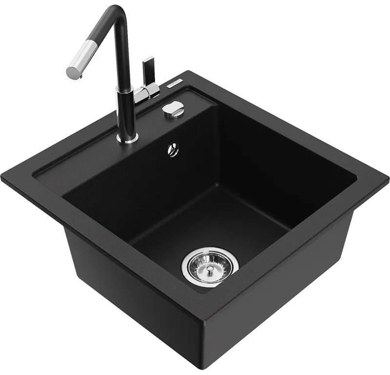Mexen Vito, 1 kamrás gránit mosogató 490x520x210 mm és Flora mosogató csaptelep, fekete, 6503-77-670401-07