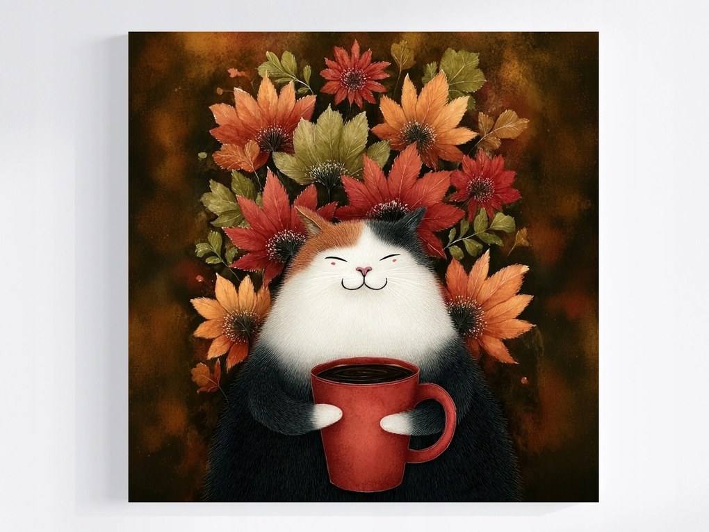 Vászonkép Canvas Portré Macska Ősz Virágok Kávé Bögre Öröm 80x80