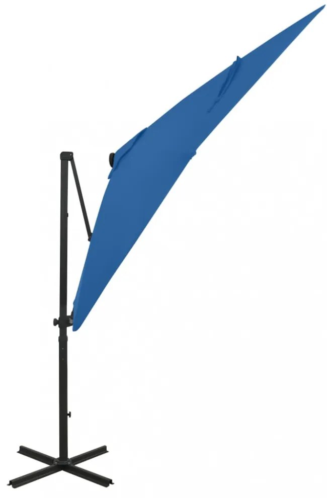 azúrkék konzolos napernyő rúddal és LED-fényekkel 250 cm