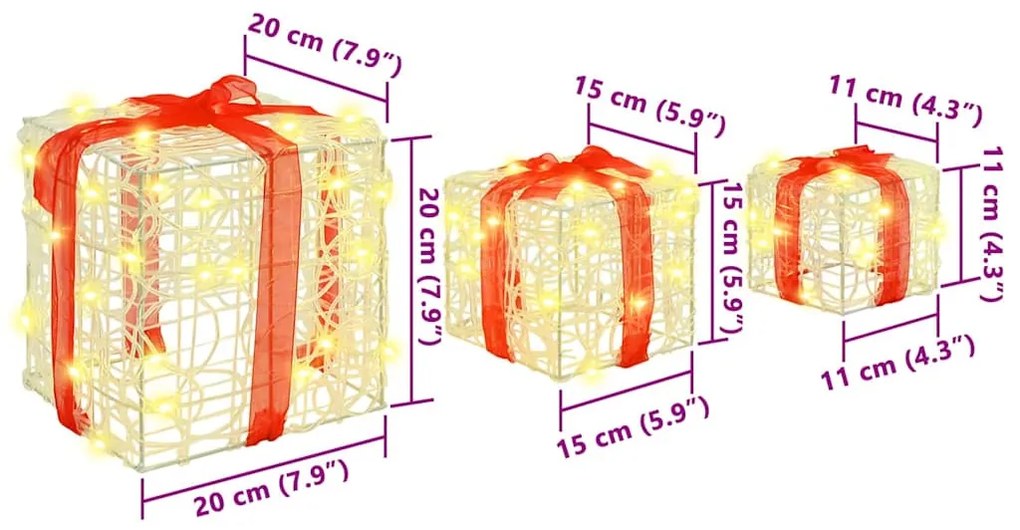 Ajándékdoboz 60 LED-del 3 pcs Meleg fehér 20 x 20 x 20 cm Akril