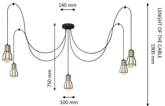 Csillár zsinóron TUBE 5xE27/15W/230V pók fekete/arany