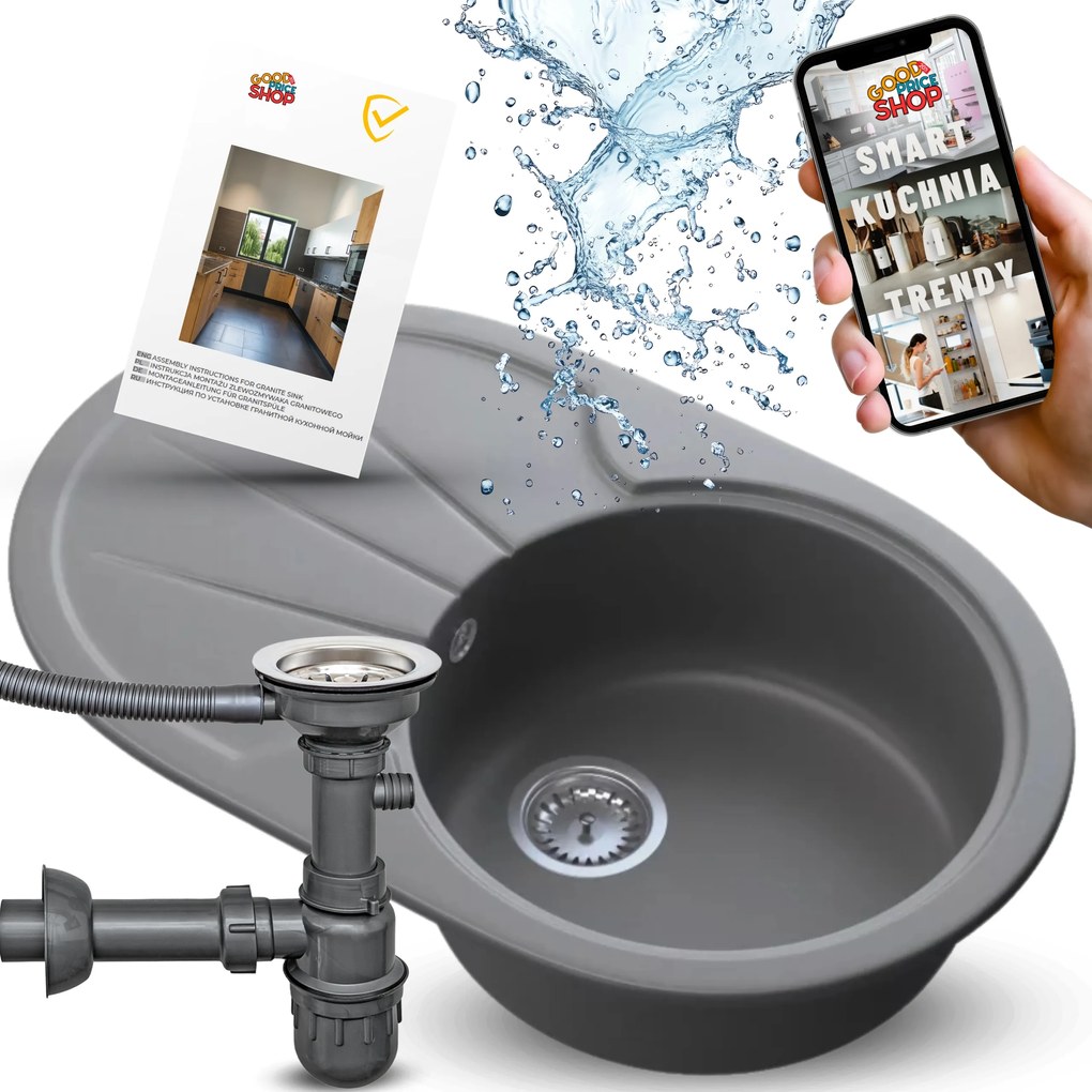 Gránit Egymedencés Mosogató Szürke Ovális Konyhai Csepegtetővel 3az1ben