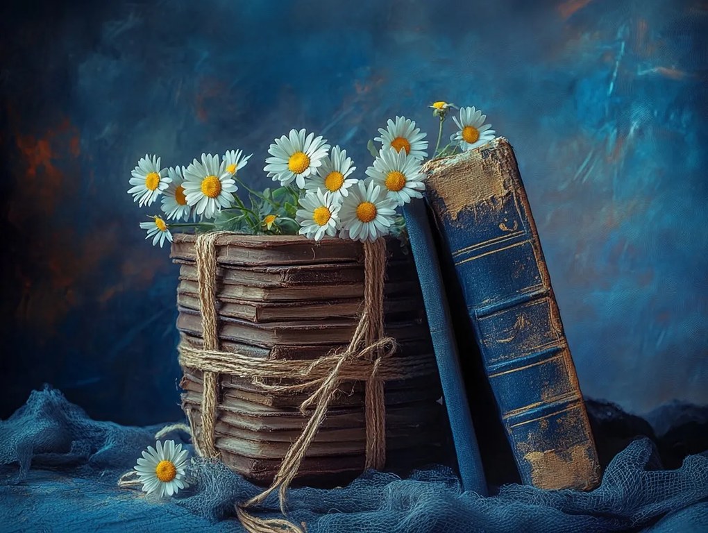 Vászonkép Canvas Dekoráció Régi Könyvek Virágok Margaréták 100x75