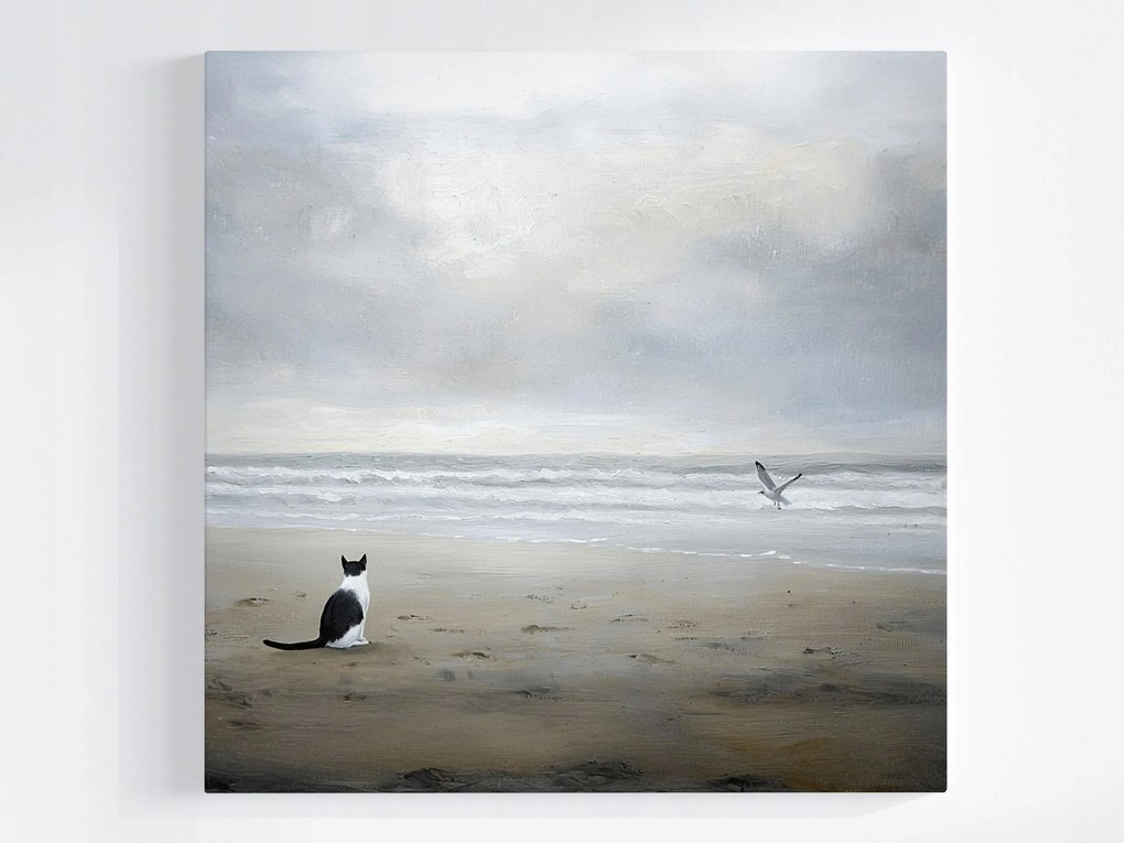 Vászonkép Canvas Tájkép Tenger Tengerpart Hullámok Macska Sirály Szürke 80x80