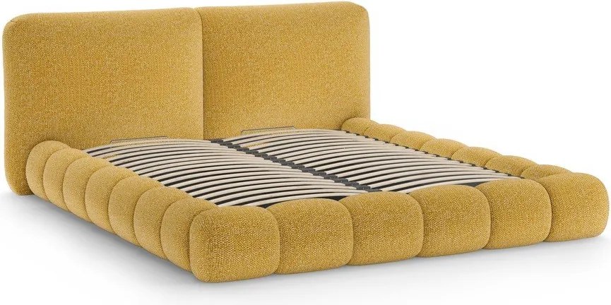Mustársárga kárpitozott ágyneműtartós franciaágy ágyráccsal 200x200 cm Solange – Micadoni