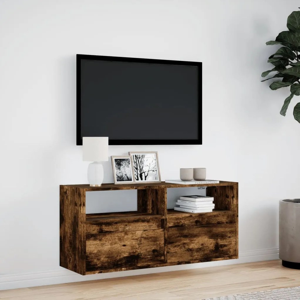 füstös tölgy színű fali TV-szekrény LED-ekkel 100x31x45 cm