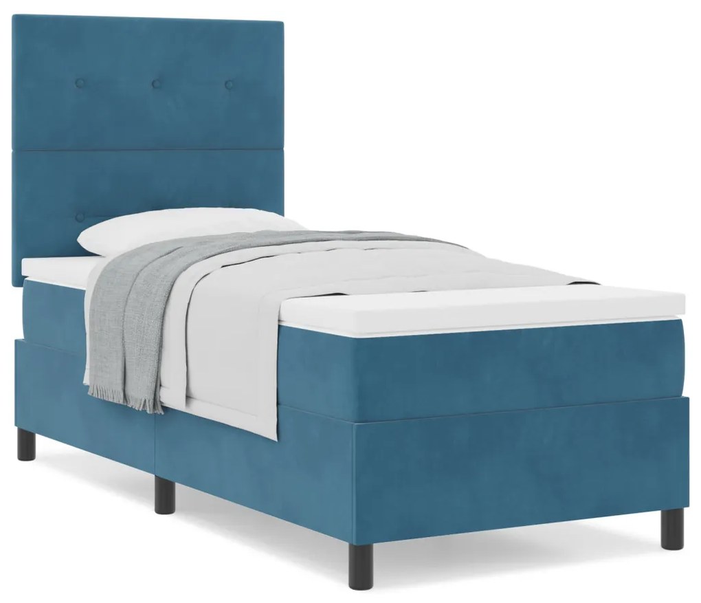 Boxspring Ágy Mattal Sötétkék 90x200 cm Bársony