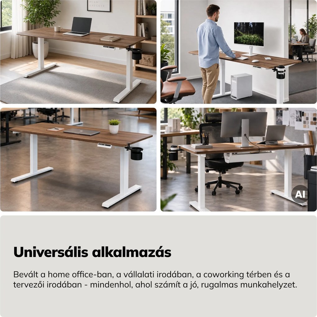 Elektromos, állítható magasságú, ergonomikus, fehér/dió íróasztal,1600x800 mm: ARIA