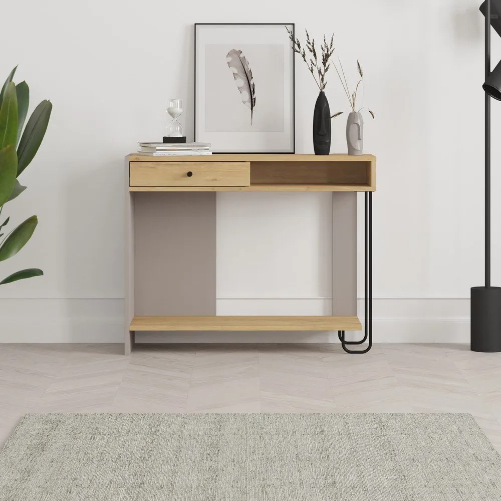 Konzolasztal tölgyfa dekoros asztallappal 35x100 cm Saturne – Marckeric