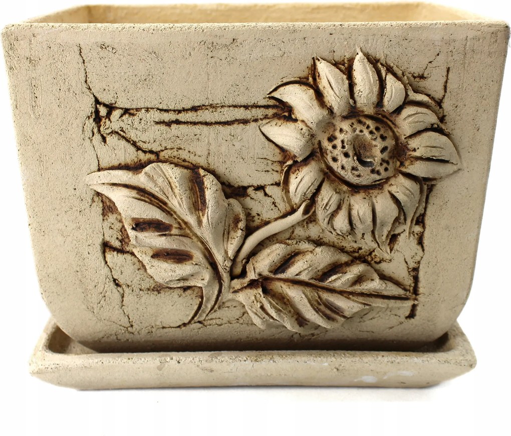 Samott agyag kaspó 23,5 cm+ állvány típus Tulipán napraforgó motívum