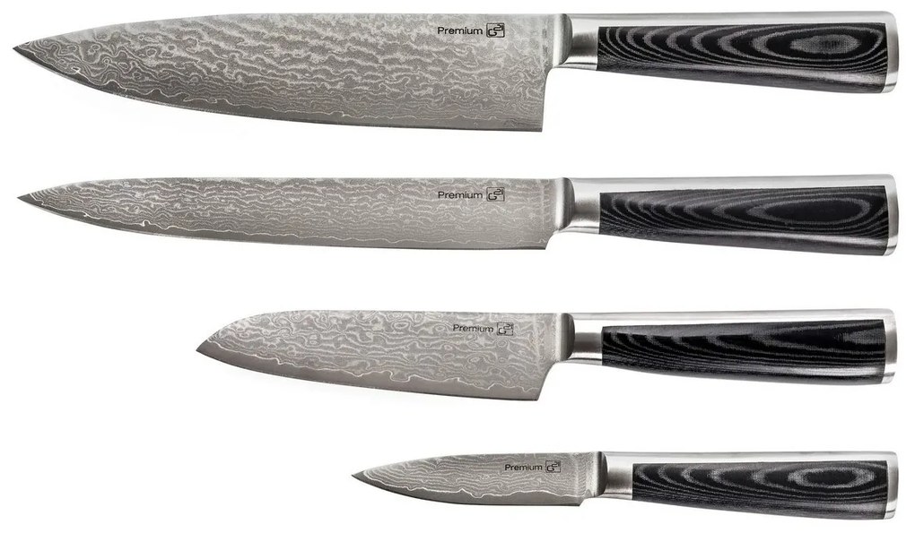 G21 Damascus Premium késkészlet bambusz blokkban, 4 db + élezőkő