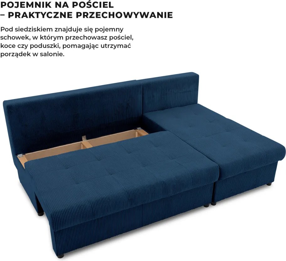 Venezia sarokkanapé, kordbársony, univerzális oldal, hab töltet, kék