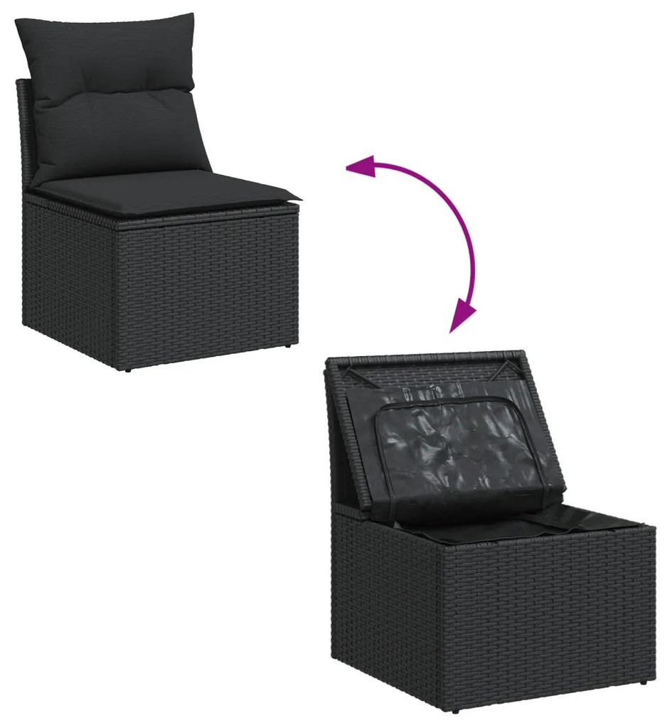 6 részes Kert Sofa Szett Párnákkal Fekete Poli Rattan
