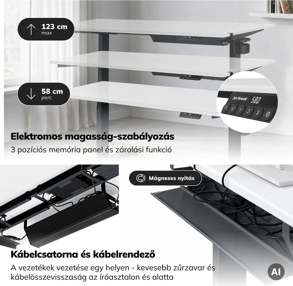 Elektromos íróasztal magasságállítással ergonomikus antracit-fehér, 1600x800 mm: ARIA