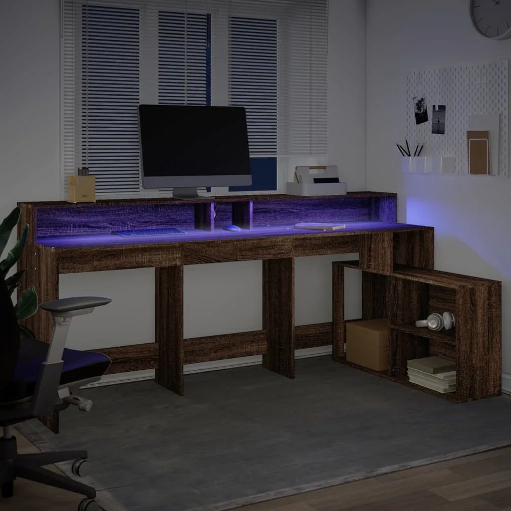 barna tölgy színű szerelt fa íróasztal LED-ekkel 200x104x91 cm