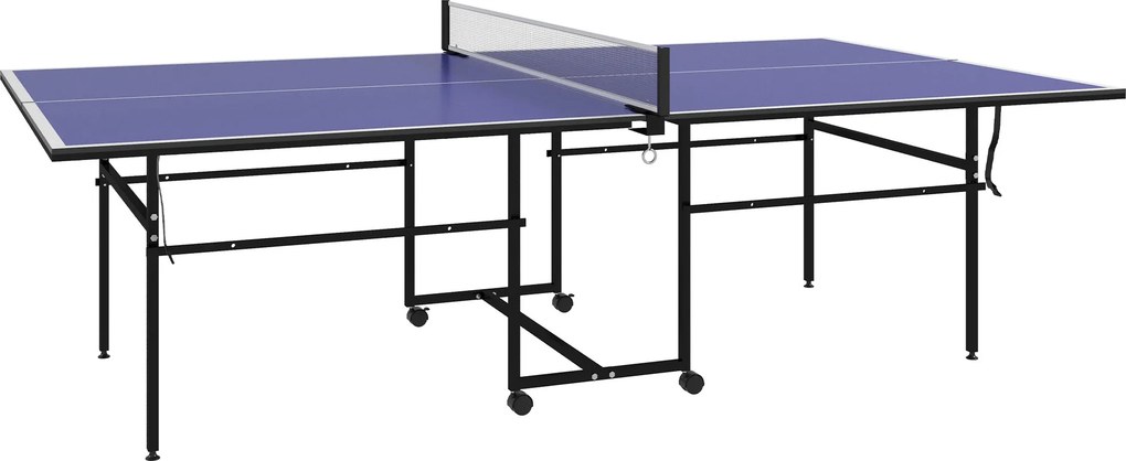 SPORTNOW Asztalitenisz Asztal, Összecsukható Negyed Asztalitenisz Asztal Kerekekkel, Asztalitenisz Szett 2 Ütővel és 3 Labdával, Kinti-Benti Acél, Kék
