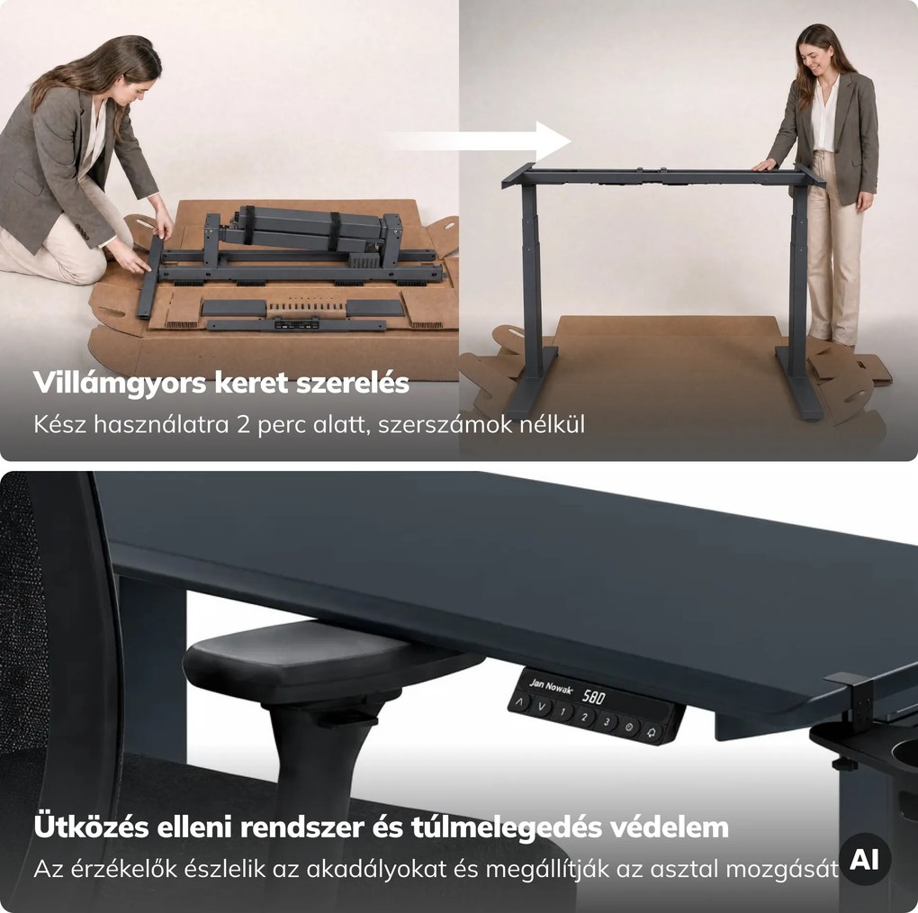 Elektromos íróasztal magasságállítással ergonomikus antracit-fehér, 1200x600 mm: ARIA