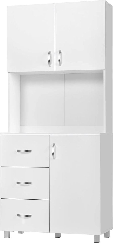 HOMCOM Modern Konyhai Kamra 3 Fiókkal, 3 Ajtóval és Állítható Polcokkal - Kiegészítő Bútor Étkezőbe vagy Nappaliba 80x39x183 cm - Fehér | Aosom