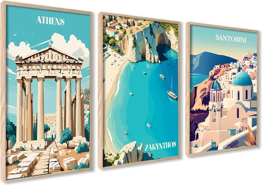 Poszter szett Retro Görögország Santorini Athén Nyár Utazás Képek Keretekkel
