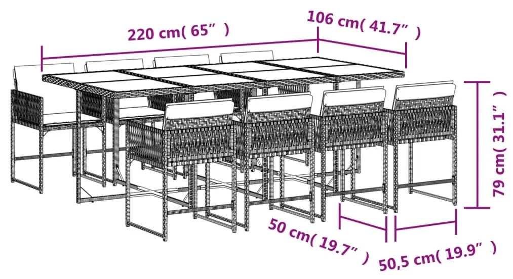 9 részes fekete polyrattan kerti étkezőgarnitúra párnákkal