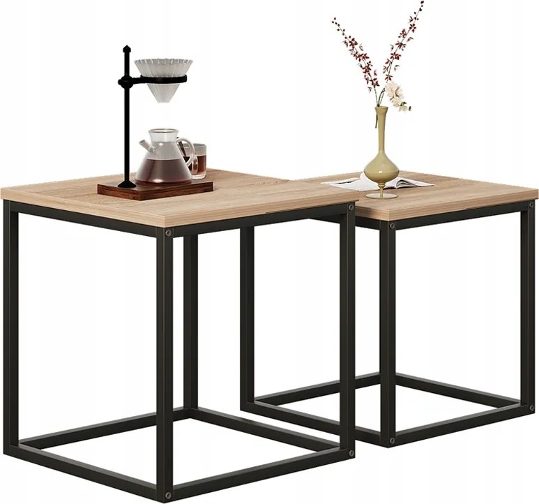 Dohányzóasztal Pad Asztal Szett 2in1 Loft Ipari Világos Barna