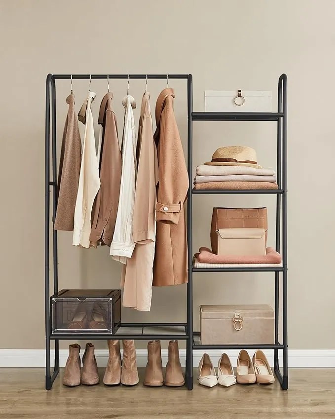 Ruhatartó állvány, szabadon álló ruhafogas, fekete színben