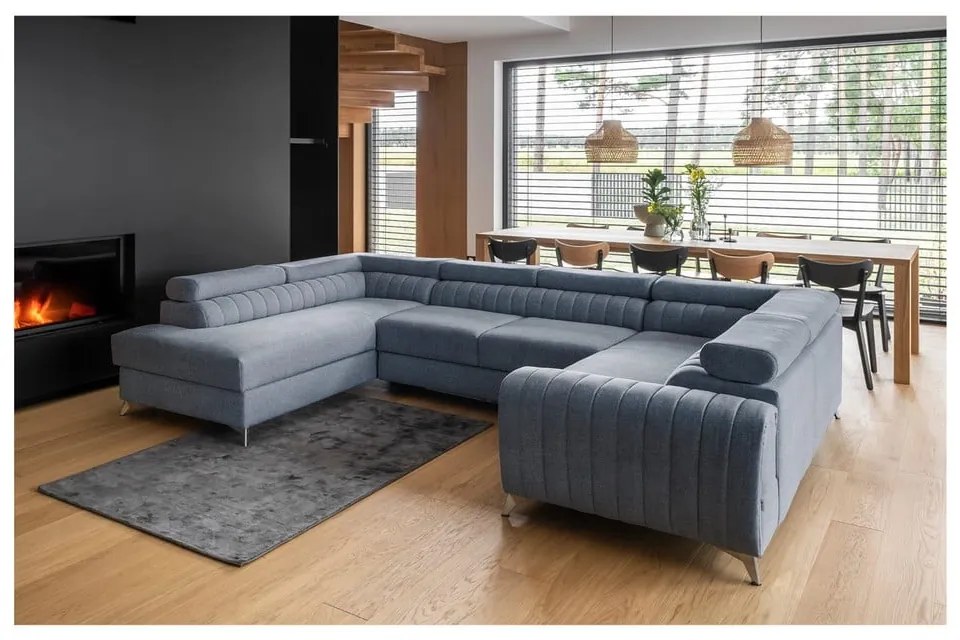 Kék kinyitható-tárolóhelyes sarokkanapé (bal oldali-U alakú) Louis – ELTAP