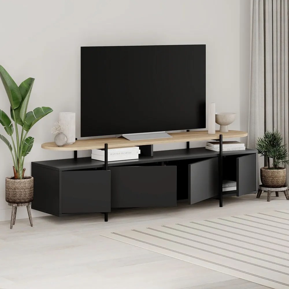 Fekete TV-állvány tölgyfa dekorral 160x48 cm Hinoa – Marckeric