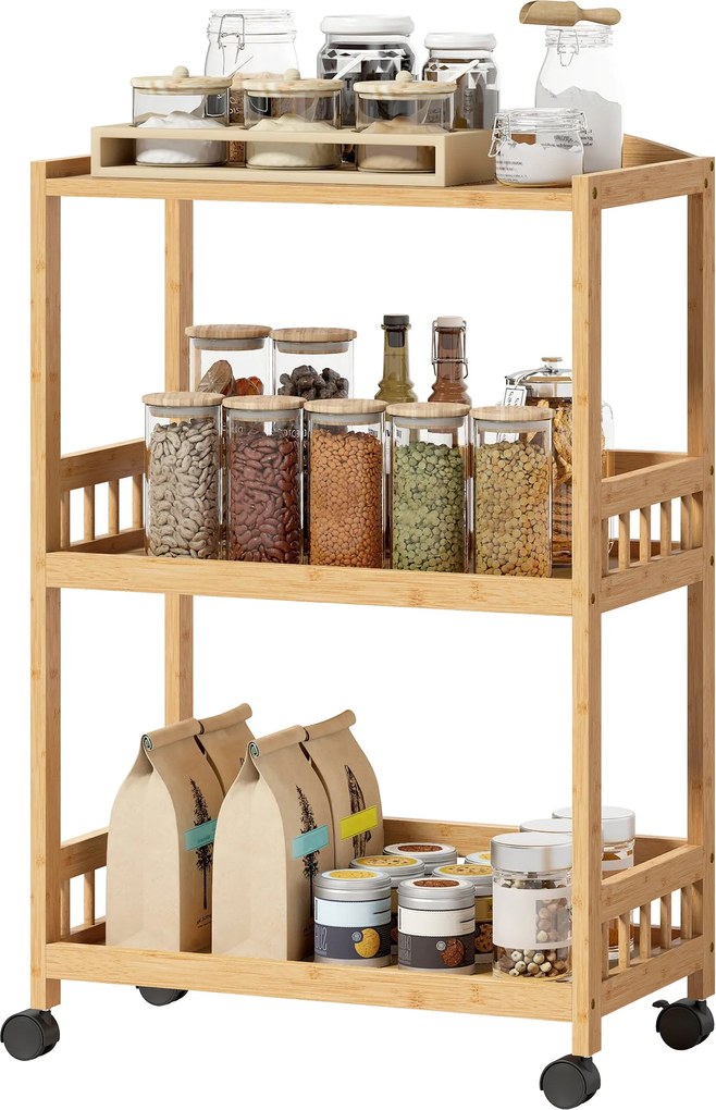HOMCOM 3 szintes gurulós konyhai kocsi — bambusz tálaló- és tárolókocsi kerekeken, natúr | Aosom