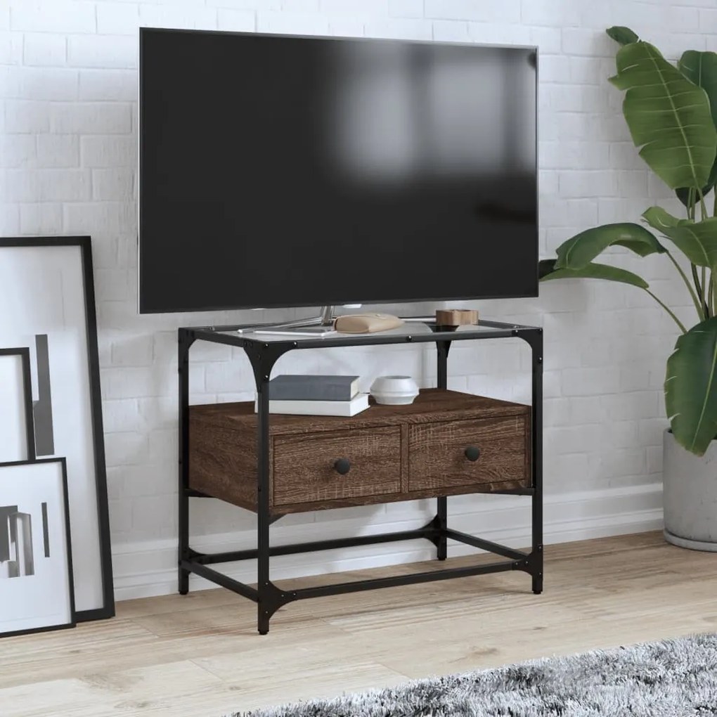 barna tölgy színű szerelt fa TV-szekrény üveglappal 60x35x51 cm