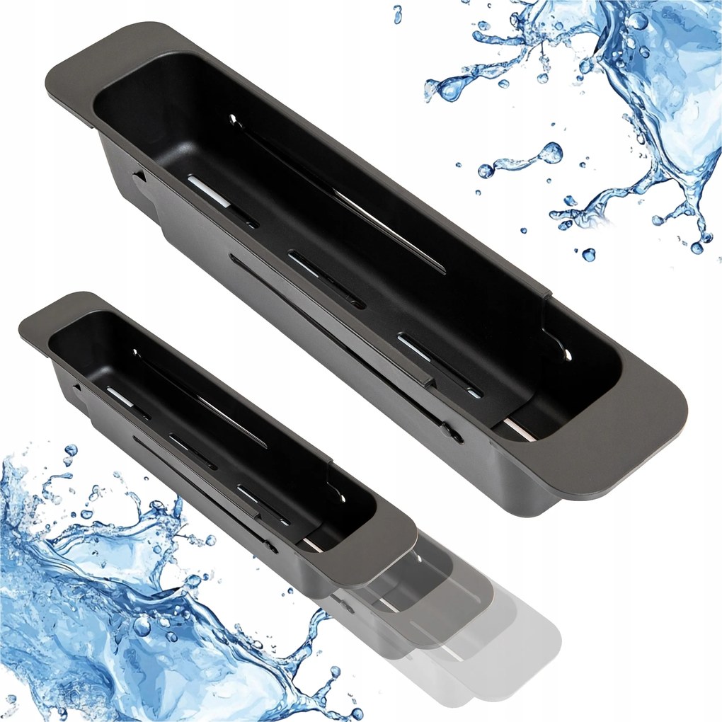 Evőeszköz szárító, szivacs tartó, csepegtető tálca mosogatóhoz, fekete műanyag, kicsi, 20x5 cm