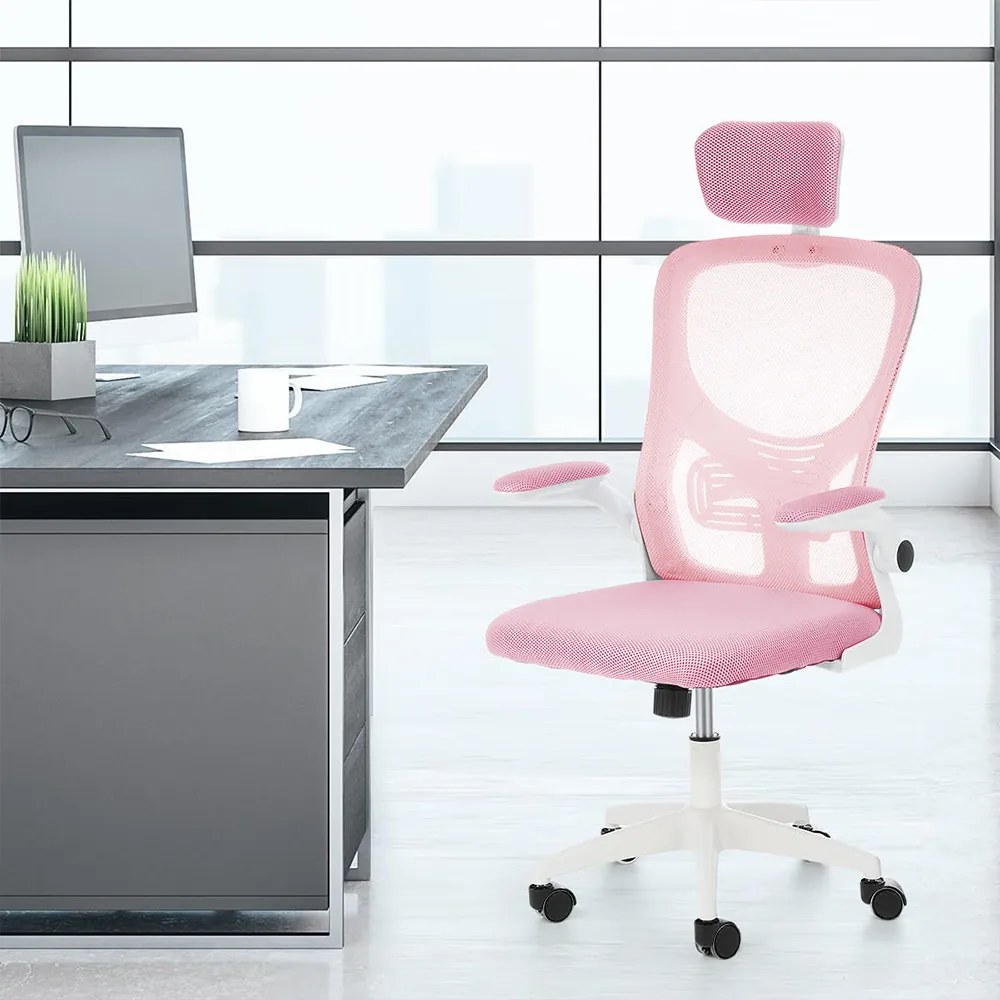Ergonomikus irodai szék deréktámasszal, fejtámlával, rózsaszín