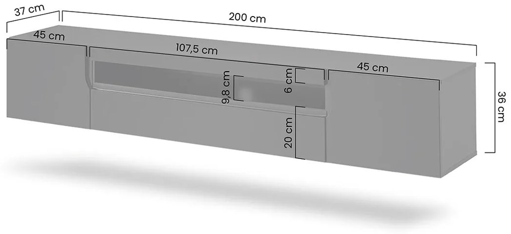 Loftia fali kétajtós TV szekrény 200 cm - artisan tölgy / matt fekete