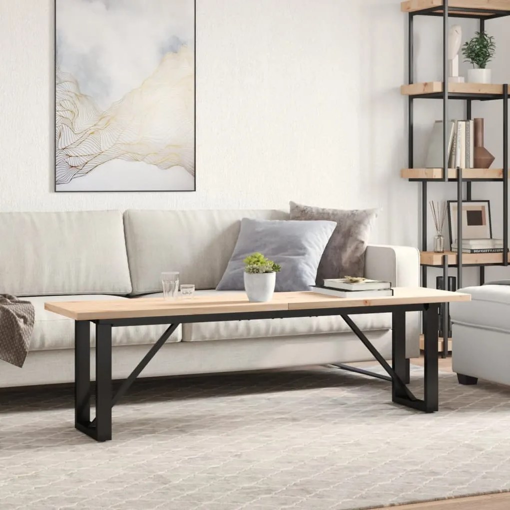 Tömör fenyőfa és acél O-vázú dohányzóasztal 160x40x45,5 cm