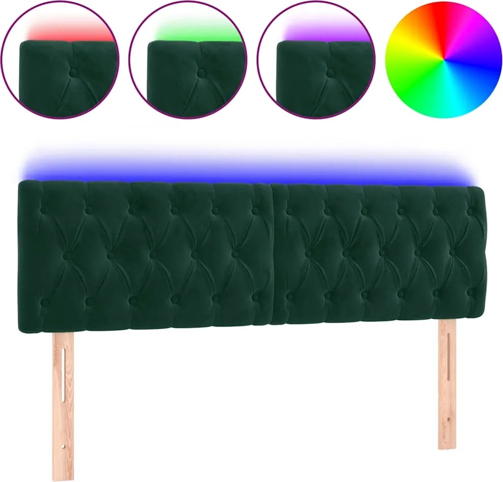vidaXL sötétzöld bársony LED-es fejtámla 144 x 7 x 78/88 cm