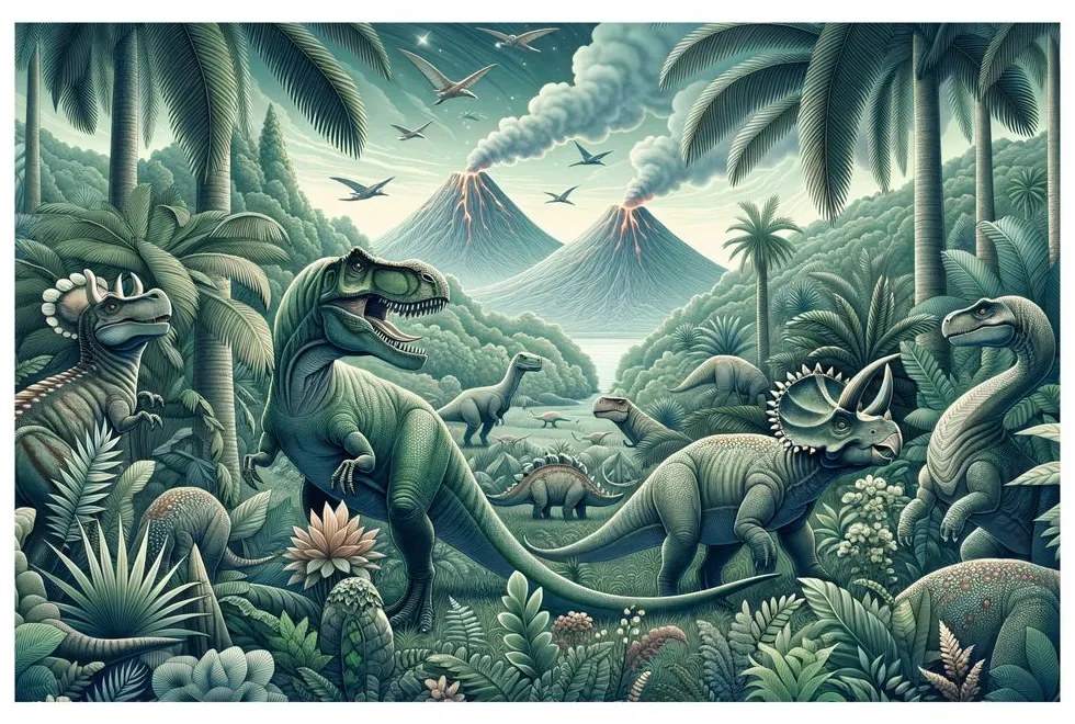 Kép dinoszauruszok vulkános őserdőben