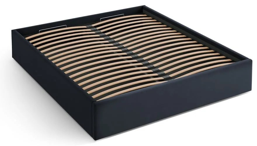 Sötétkék kárpitozott ágyneműtartós-ágytámla nélkül franciaágy ágyráccsal 180x200 cm Susan – Micadoni